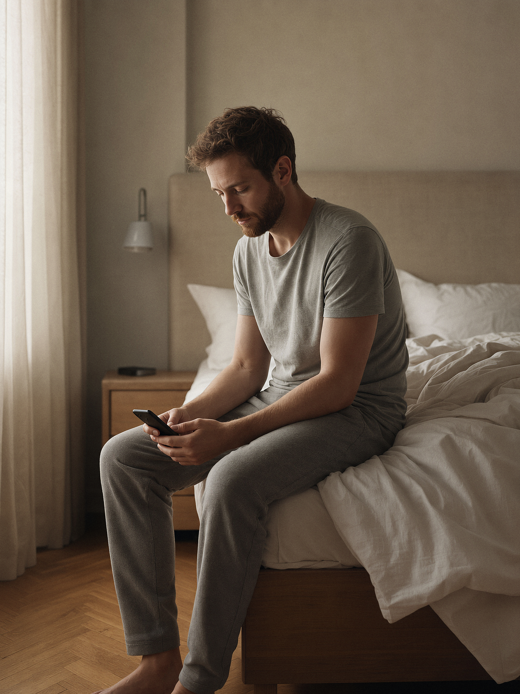 Hombre joven sentado en la cama mirando el móvil en un momento de calma e introspección