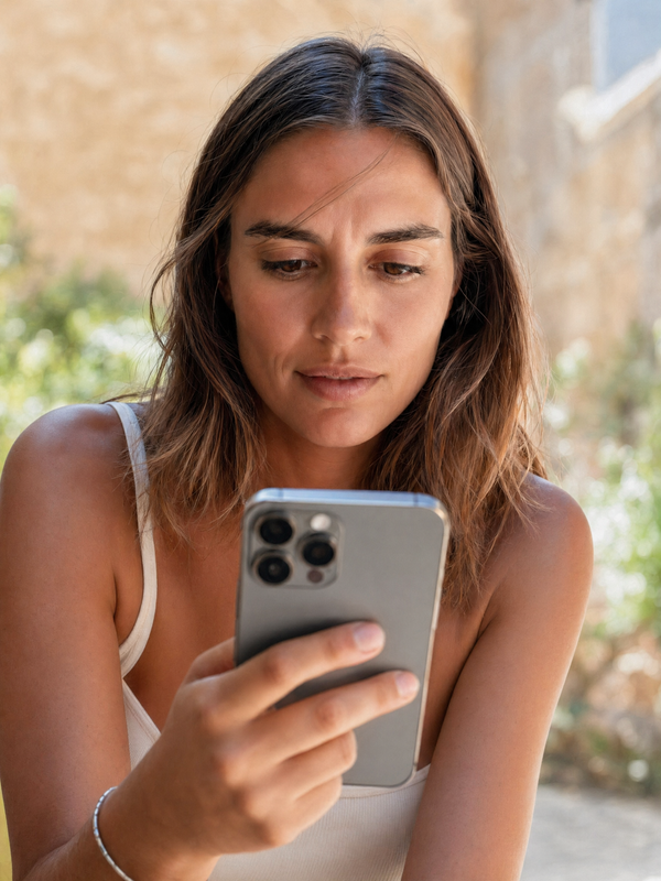 Mujer interesada leyendo en su móvil contenido de Hilo